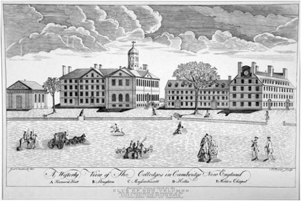 An engraving of Harvard College by Paul Revere